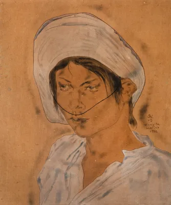 Tsugouharu Foujita - Portrait De Jeune Femme Au Chapeau Blanc